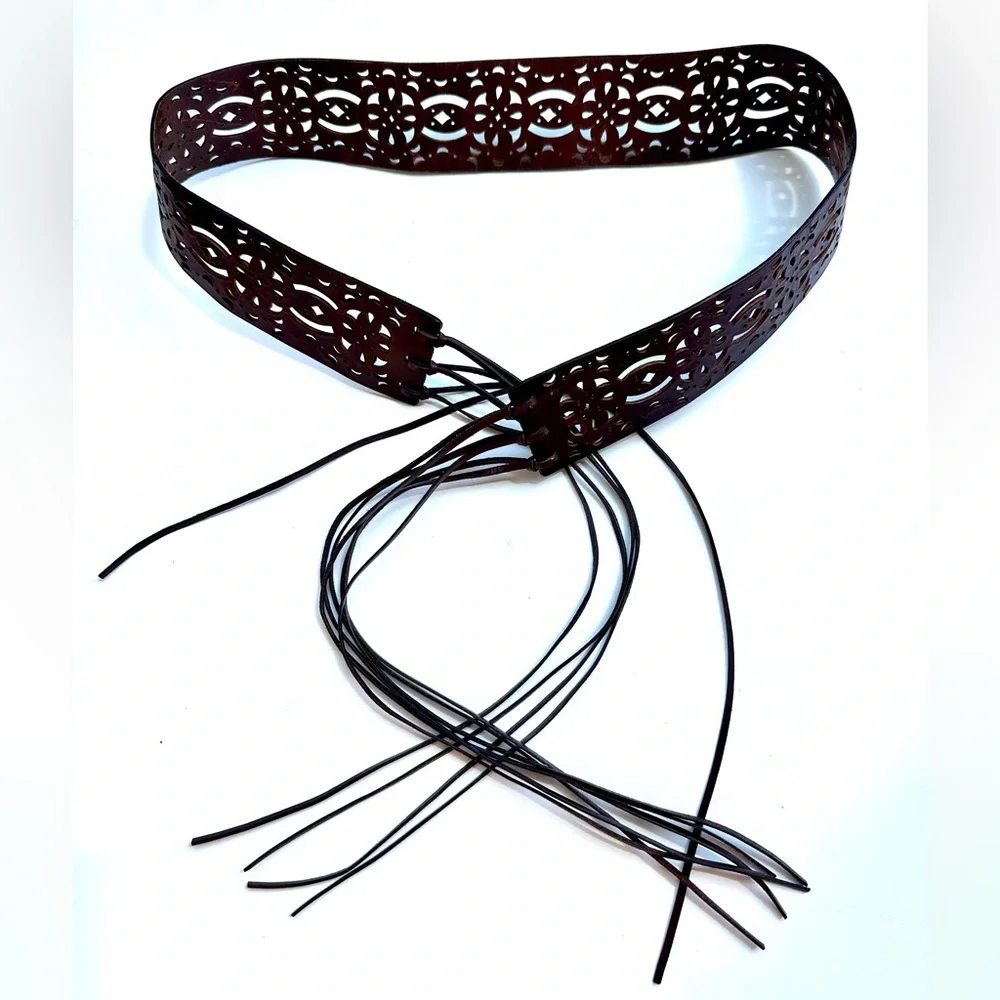 Elegant Leather Cutout Belt, Fringe Ties, Dark Brown